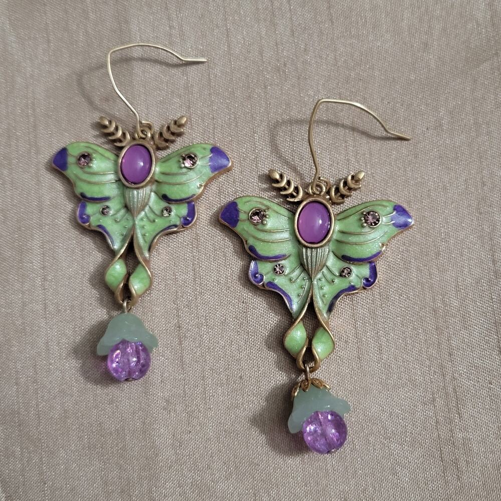 Beautiful green and pink enamel moth hook earrings with flower beads